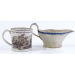 A Victorian transfer printed child's mug, and a 19th century pearlware sauce boat (2)
