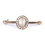An unmarked gold half pearl and rose-cut diamond cluster bar brooch, panel height 13.2mm, 2.6g