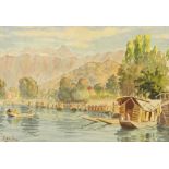 Dinanath Walli, watercolour, Kashmir river landscape, 9" x 13", mounted