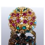 An unmarked gold gemstone bombe ring, set with turquoise and coloured glass stones, setting height
