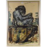 T O'Donnell, mixed media, oil / watercolour on paper, seated nude, 34" x 24", framed