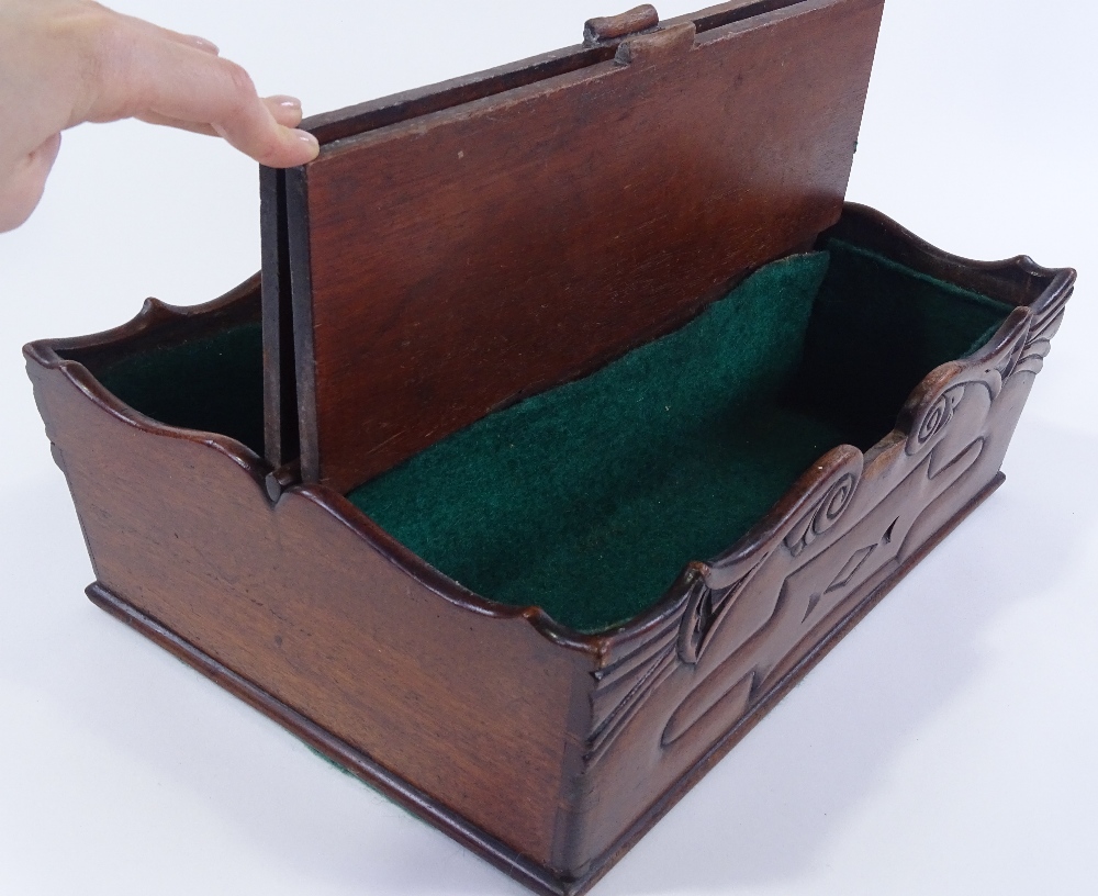 A Victorian rectangular mahogany housemaid's tray, with carved surround and 2 hinged lids, length - Image 3 of 3