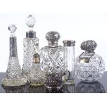 Various cut-glass and silver-mounted scent and perfume bottles, including 1 with lavender water