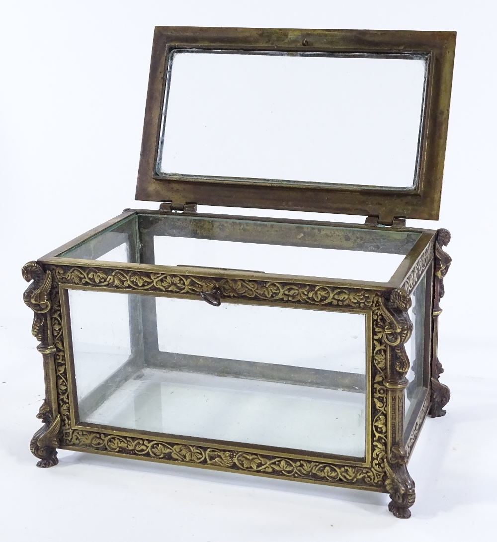A Victorian cast-brass framed casket, with relief moulded decoration and glass panels, width 22cm - Image 3 of 3