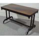 A 19th century rosewood library stretcher table, with barley twist supports and stretcher, 4' x 23.
