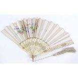 A 19th century carved bone fan with hand painted silk screen, length 26cm