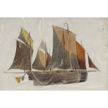 William Hawksworth (1853 - 1935), watercolour, beached gaff rigged trawlers drying their nets, 8"