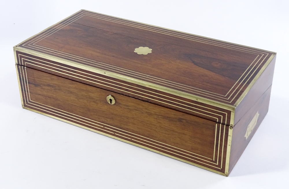 A 19th century brass-bound rosewood writing slope, with inlaid brass stringing, recessed brass - Image 3 of 3