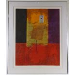 A set of 3 coloured etching / screen prints with gold leaf, abstract compositions, indistinctly