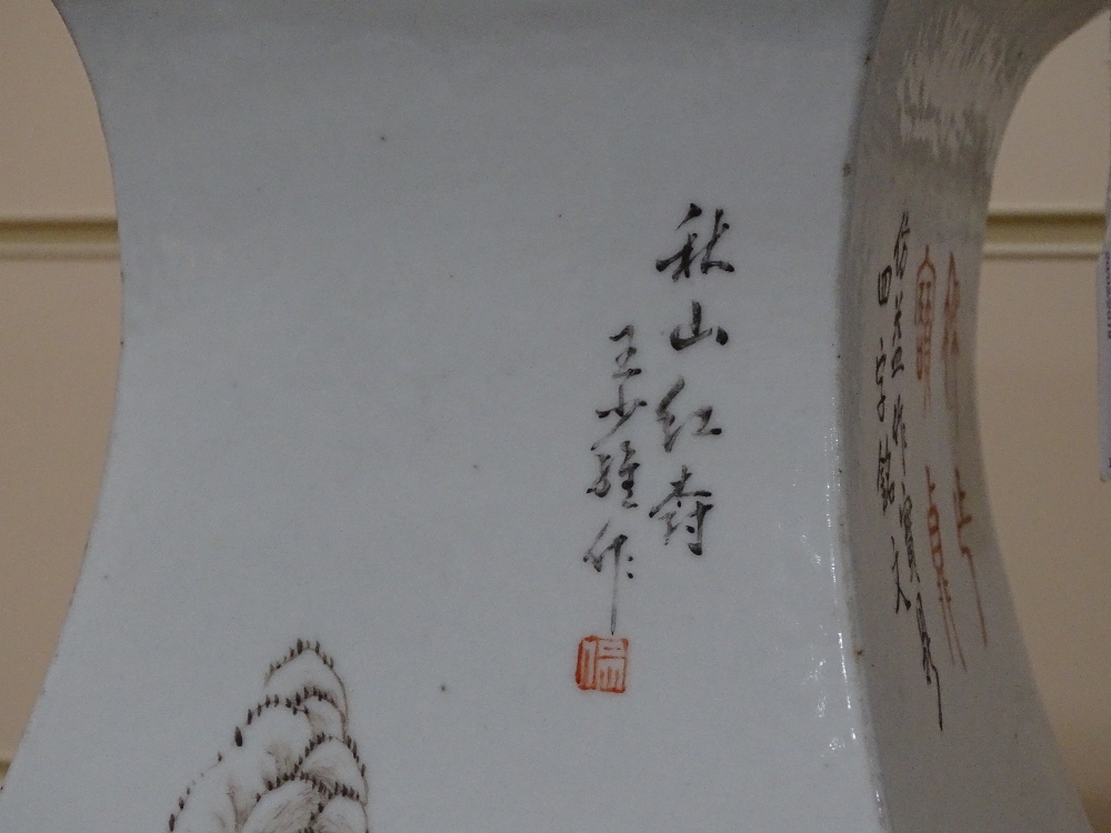 A Chinese porcelain square section vase with painted mountain landscape and text, height 57cm, rim - Image 5 of 18