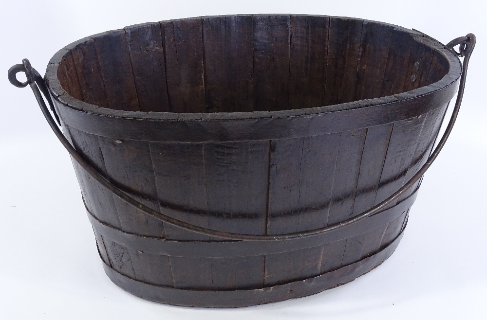 A metal-bound stained wood oyster bucket, with iron swing handle, length 58cm - Image 2 of 3