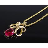 A 9ct gold ruby pendant necklace on 9ct chain, pendant height 29.8mm, chain length 460mm, 6.4g