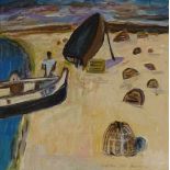 20th century British School, gouache on paper, lobster pots, Mouseterline Brittany, unsigned, 12"