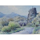John Moore CBE RI, watercolour, early May mountains of Drome, signed, with exhibition labels