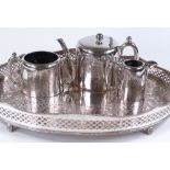 A 4-piece silver plated tea set and tray, tray length 50cm