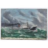 Early 20th century oil on canvas, passenger steam ship on rough seas, unsigned, 15" x 24", unframed