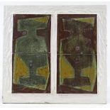 Kenneth Townsend, set of 4 ceramic tiles "2 bottles", mounted in painted frame, overall dimensions