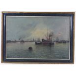 H Williamson, oil on canvas, a cargo steamer unloading, 20" x 30", framed