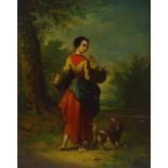 19th century oil on wood panel, girl with baskets of flowers and a dog, signed with monogram, 15"