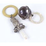 2 1920s / 30s silver-mounted baby's bell rattles, 1 modelled as a cat with ivory ring teether,