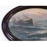 A pair of stained wood oval frames with convex glass panels, containing marine prints, image size