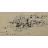 John Holdcroft, pen and ink drawing, the Stade Hastings, 1973, 8" x 14", and a drypoint etching of