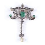 A fine quality Belle Epoque emerald, pearl, and diamond cluster pendant, unmarked rose gold settings