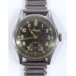 A Vintage Minerva Second War Period mechanical wristwatch, steel case with black dial, luminous hour