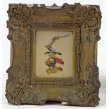19th century watercolour with gilding, heraldic armorial study, unsigned, 5" x 4", framed