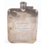 A curved silver hip flask, with inscription to John Lanchbery from the Sadlers Wells Touring