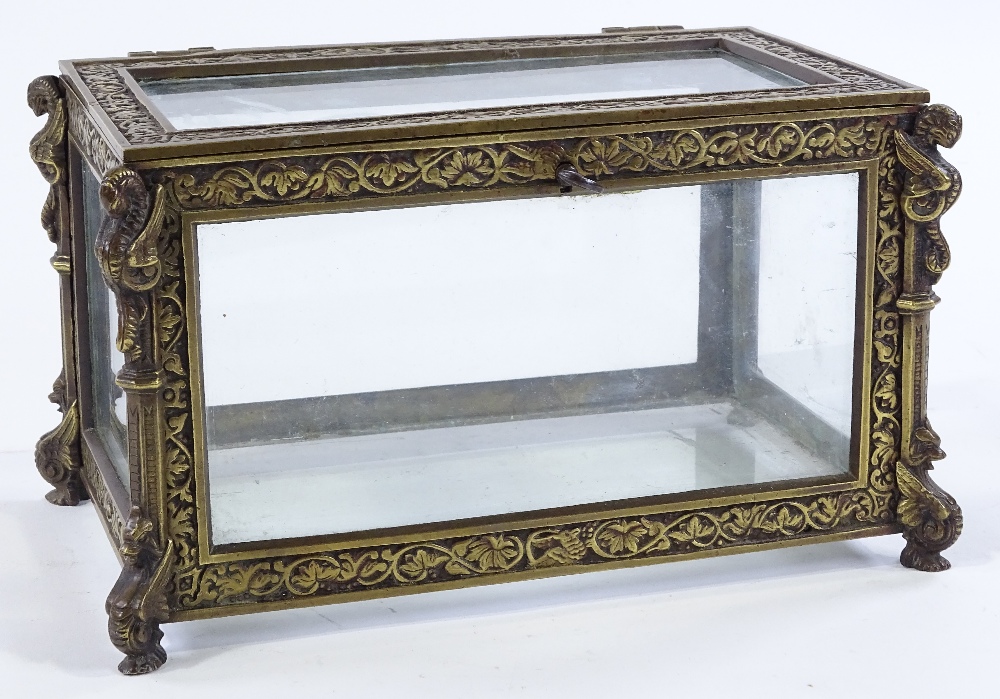 A Victorian cast-brass framed casket, with relief moulded decoration and glass panels, width 22cm - Image 2 of 3