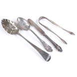 A Georgian silver berry spoon, a Danish silver tablespoon, silver sugar tongs, and a silver knife,