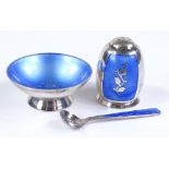 A Danish sterling silver and blue enamel cruet set