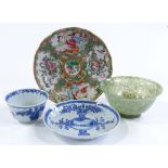 A Chinese green hardstone bowl, diameter 10cm, and 3 other Chinese porcelain items (4)