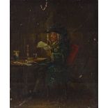 19th century oil on board, man reading by candlelight, unsigned, 8.5" x 7", framed