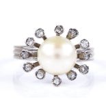 An unmarked white gold 1960s whole pearl and diamond cluster ring, with 3 band shank, setting height