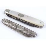 A silver and mother-of-pearl pocket knife, and an Edwardian engraved silver pocket knife (2)