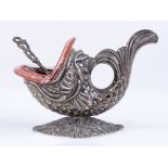 A German silver gurgle fish design table salt, with pink glass liner and shell bowled spoon,