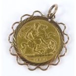 An 1898 gold half sovereign, in gold pendant mount