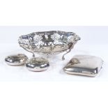 A circular silver pierced bon bon dish, a silver cigarette case, and 2 silver ash boxes, 7.3oz total