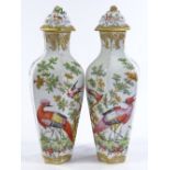 A pair of porcelain vases and covers, circa 1900, hand painted exotic birds and flowers, with gold