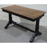 A William IV mahogany library stretcher table, on carved base, 4'2" x 2'