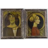 4 oils on copper, Medieval style portraits, modern, 9" x 6.5", framed