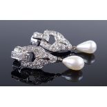 A pair of Art Deco 18ct white gold diamond and pearl drop earrings, height including drop 35.6mm,