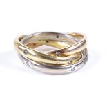 An 18ct gold diamond set Trinity band ring, 3-tones of gold, size L, 12.4g