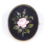 An Italian pietra dura panel brooch, in unmarked yellow metal frame, height 39.8mm