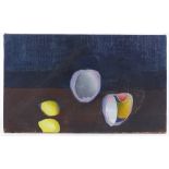 Surrealist style oil on canvas, still life with lemons, unsigned, 12" x 19", unframed