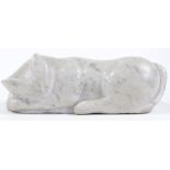 Manner of, or attributed to John Skeaping, carved white marble sculpture, sleeping cat, length 11"