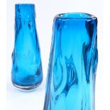 A pair of Whitefriars Kingfisher blue glass Knobbly vases, by William Wilson and Harry Dyer,