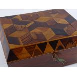 A Victorian Tunbridge ware sewing box, with cube parquetry decorated lid, and tray fitted
